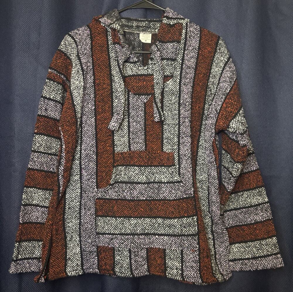 ARTESANIAS Men's Knit Hooded Striped Pullover Sweater Gray Brown Black M